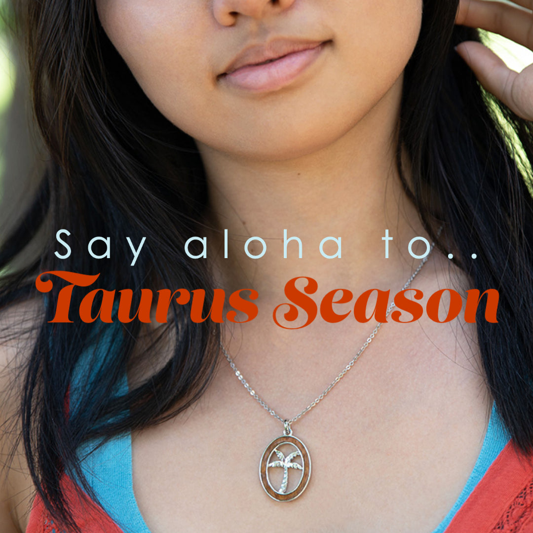 koa wood pendant worn by model taurus season