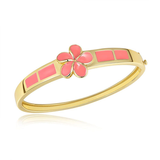 Coral Enamel Plumeria Bangle in Gold