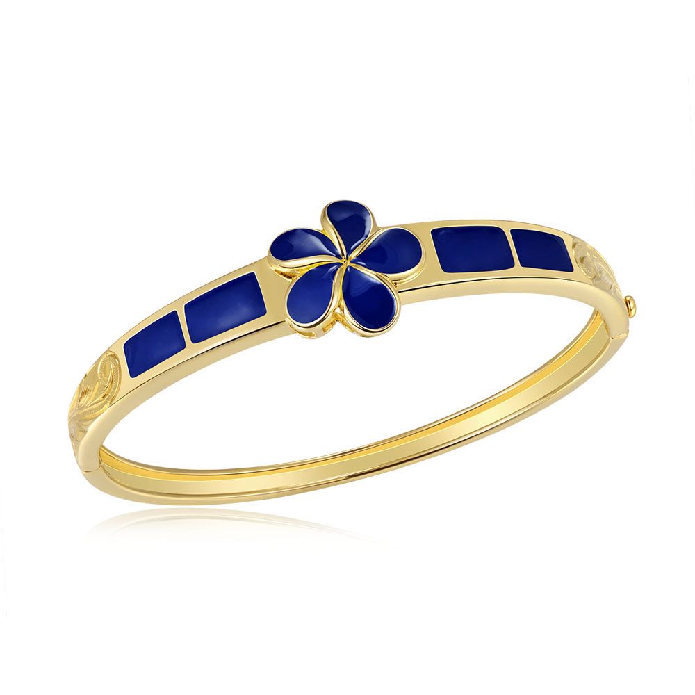Blue Ginger Enamel Plumeria Bangle in Gold w/ Scroll Engraving