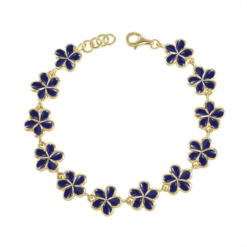 Blue Ginger Enamel Plumeria Link Bracelet in Gold