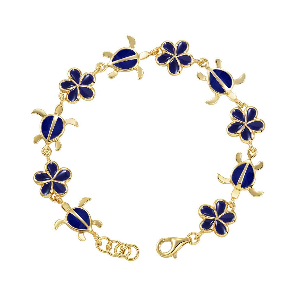 Blue Ginger Enamel Plumeria and Sea Turtle Link Bracelet in Gold