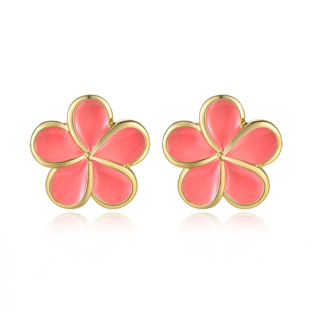 Coral Enamel 14 mm Plumeria Flower Stud Earrings in Gold
