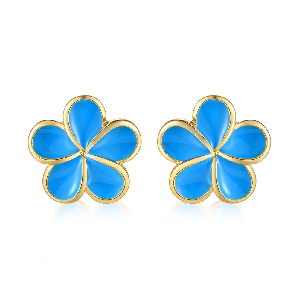 Sea Blue Enamel 14mm Plumeria Flower Stud Earrings in Gold