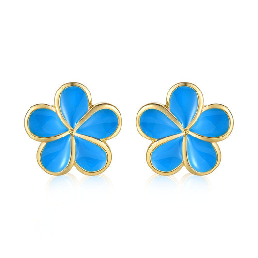 Sea Blue Enamel 14mm Plumeria Flower Stud Earrings in Gold