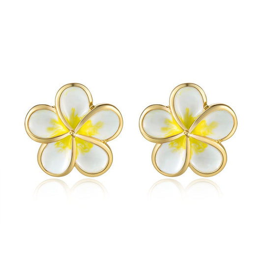 White Enamel 14mm Plumeria Flower Stud Earrings in Gold