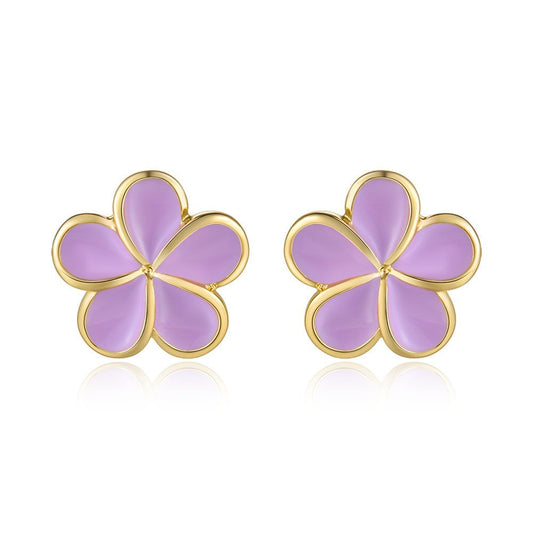 Lavender Blush Enamel Plumeria Flower Stud Earrings in Gold