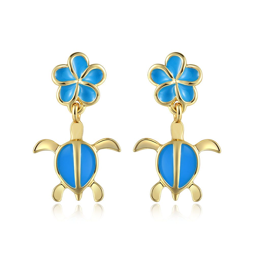 Sea Blue Enamel Plumeria and Sea Turtle Stud Earrings in Gold