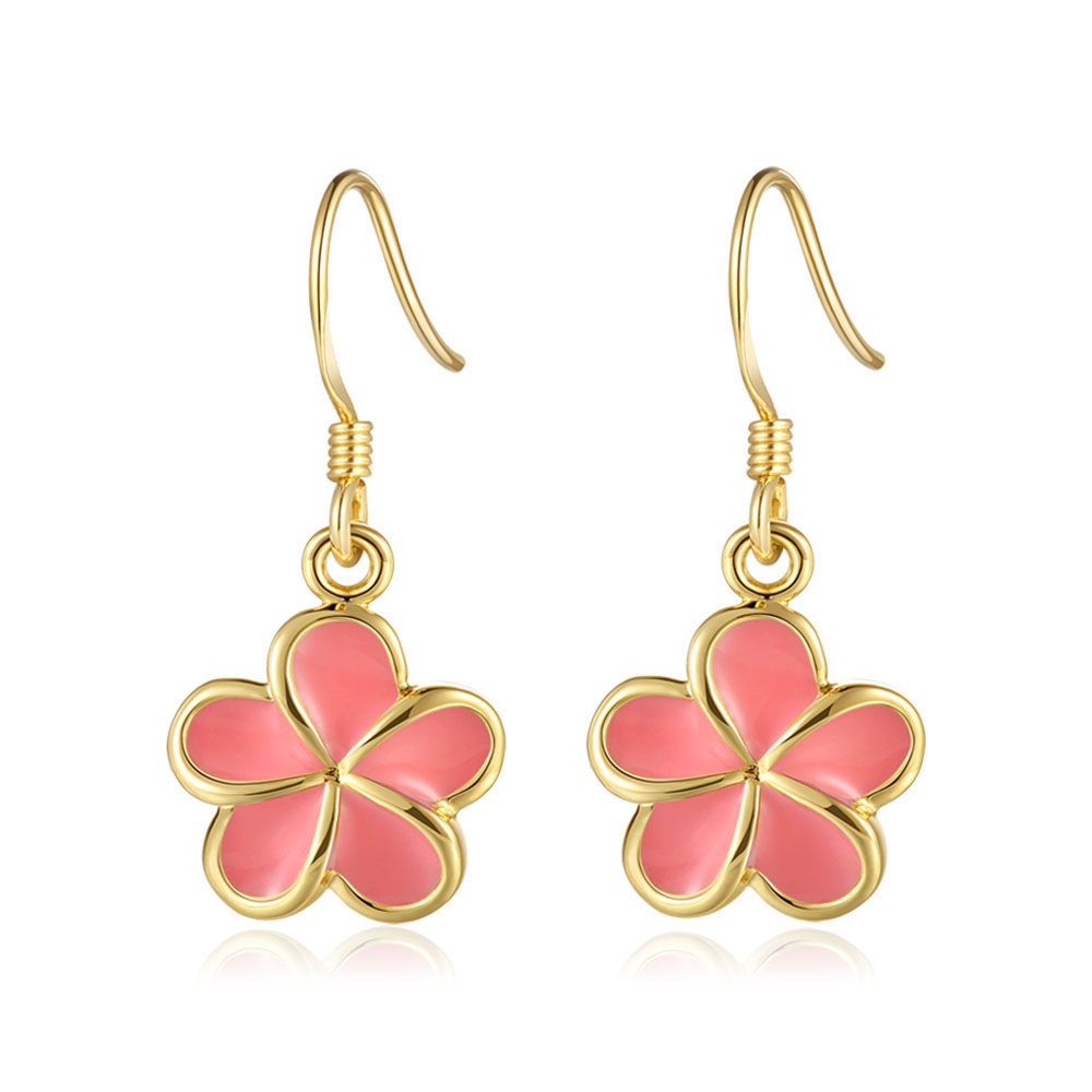 Coral Enamel 10mm Plumeria Flower Hook Earrings in Gold