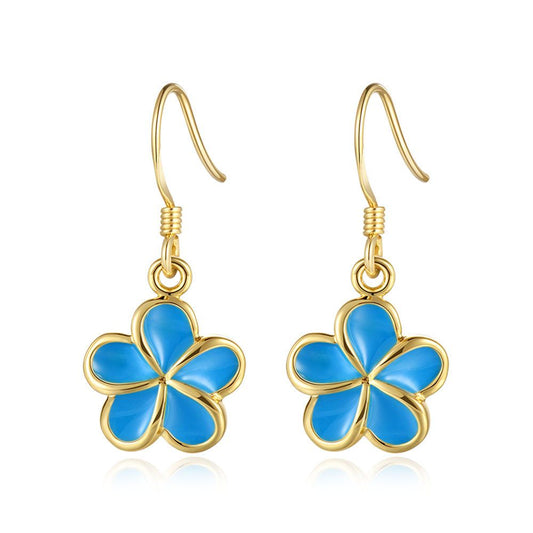 Sea Blue Enamel 10mm Plumeria Flower Hook Earrings in Gold