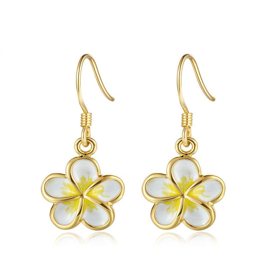 White Enamel 10mm Plumeria Flower Hook Earrings in Gold