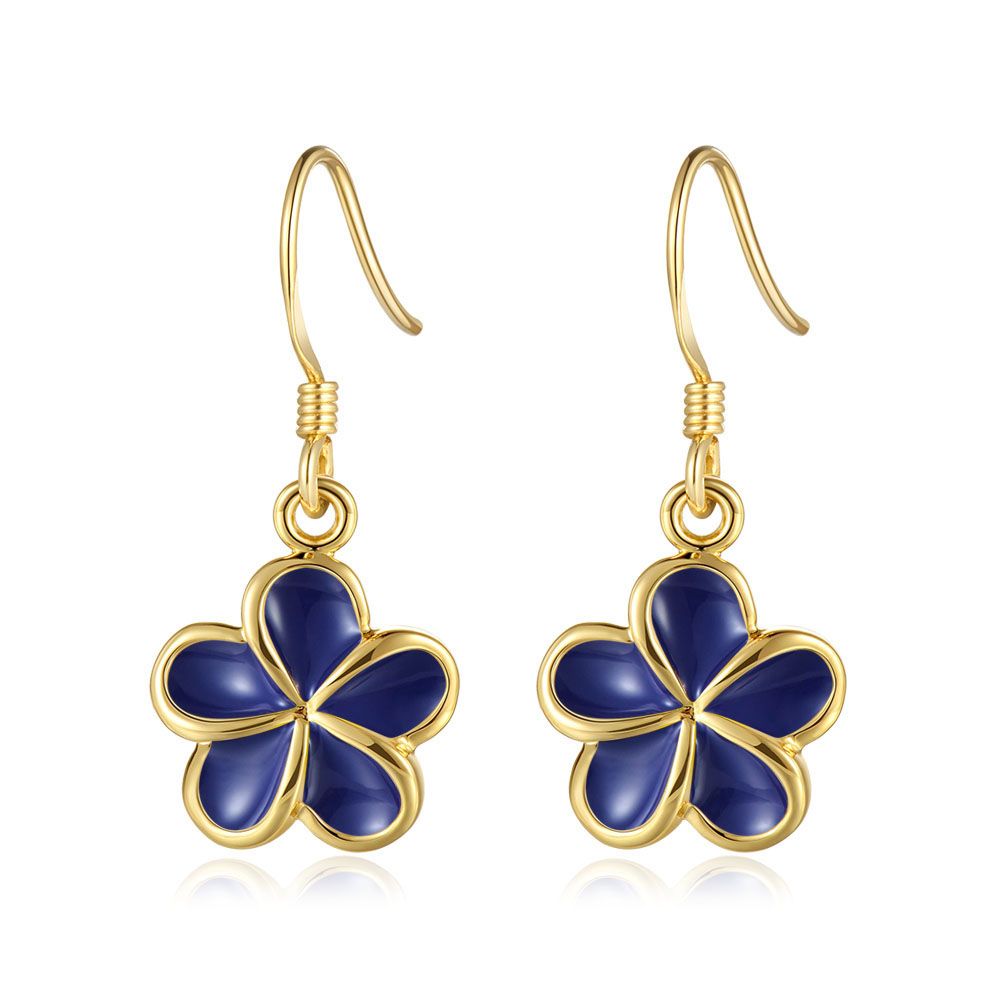 Blue Ginger Enamel 10mm Plumeria Flower Hook Earrings in Gold
