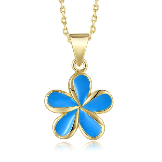 Sea Blue Enamel 18mm Plumeria Flower Necklace in Gold
