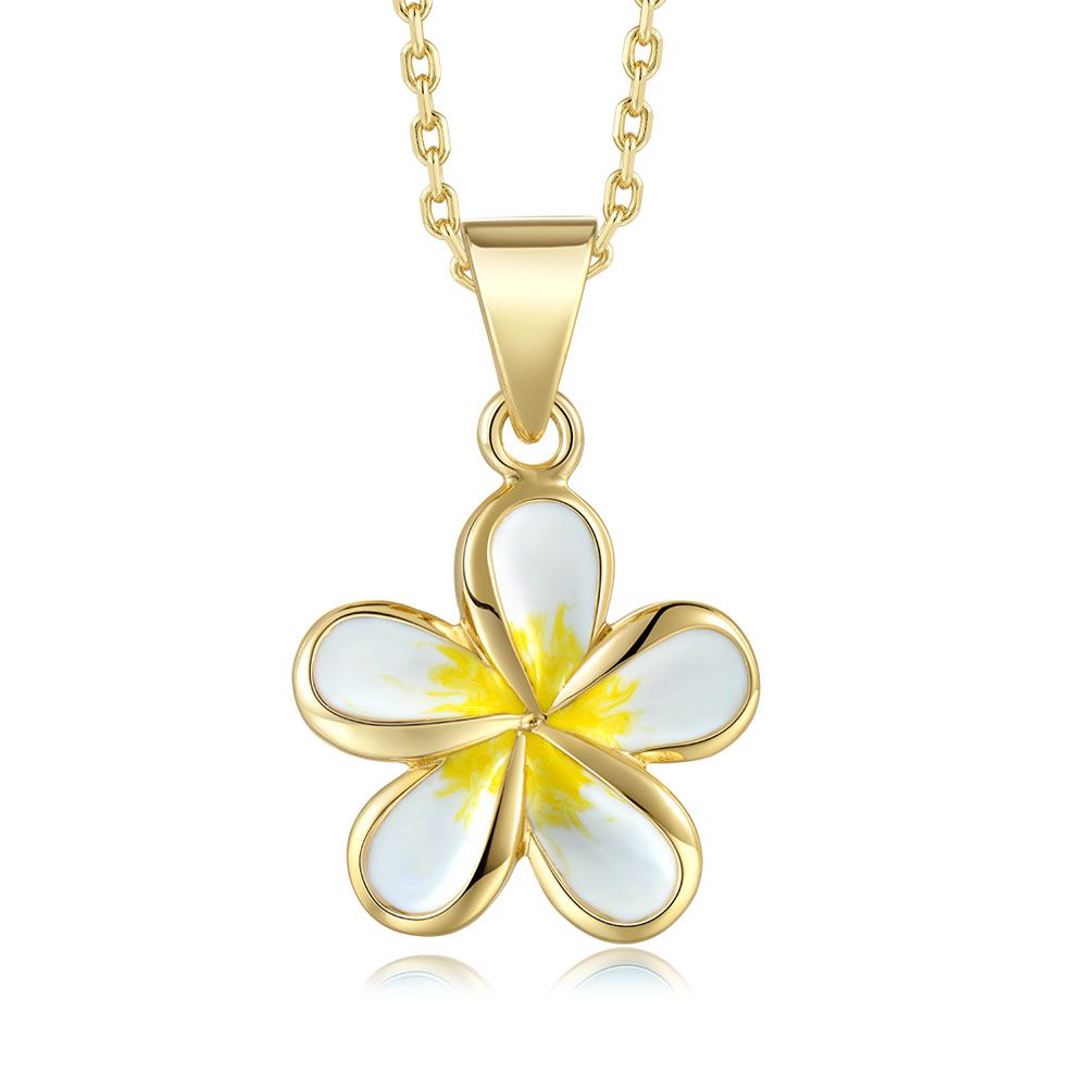 White Enamel 18mm Plumeria Flower Necklace in Gold