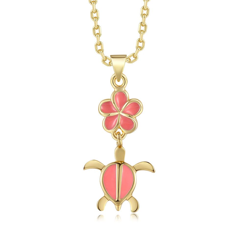 Coral Enamel Plumeria and Sea Turtle Gold Necklace
