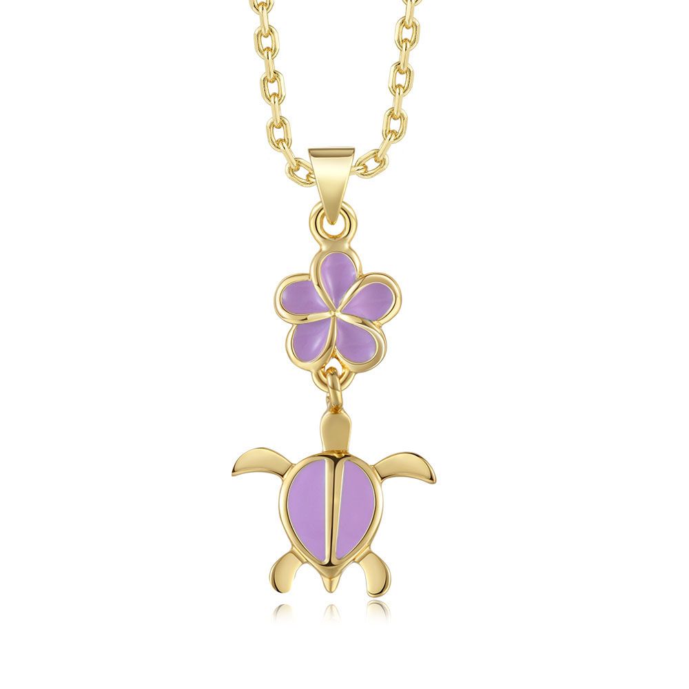 Lavender Blush Enamel Plumeria and Sea Turtle Gold Necklace