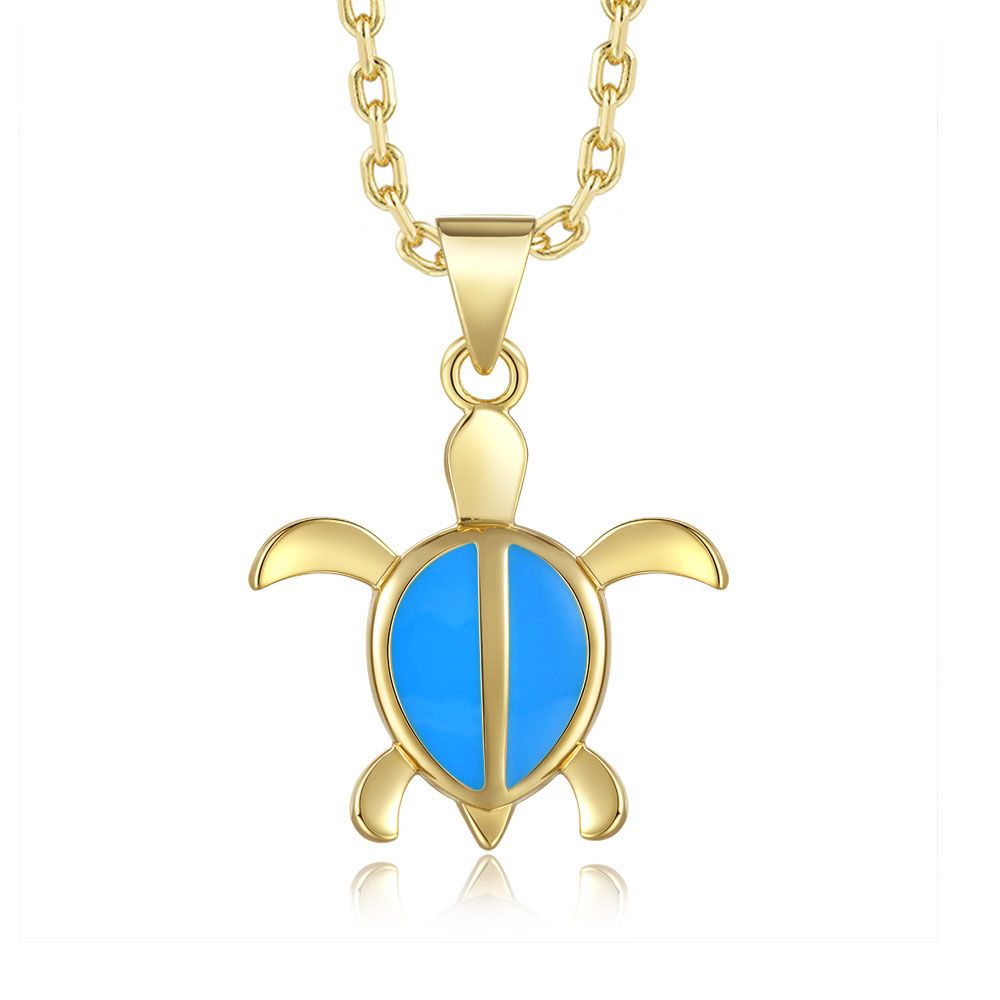 Sea Blue Enamel Sea Turtle Gold Necklace