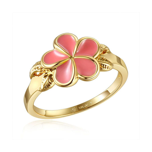Coral Enamel Plumeria with Leaf Gold Ring