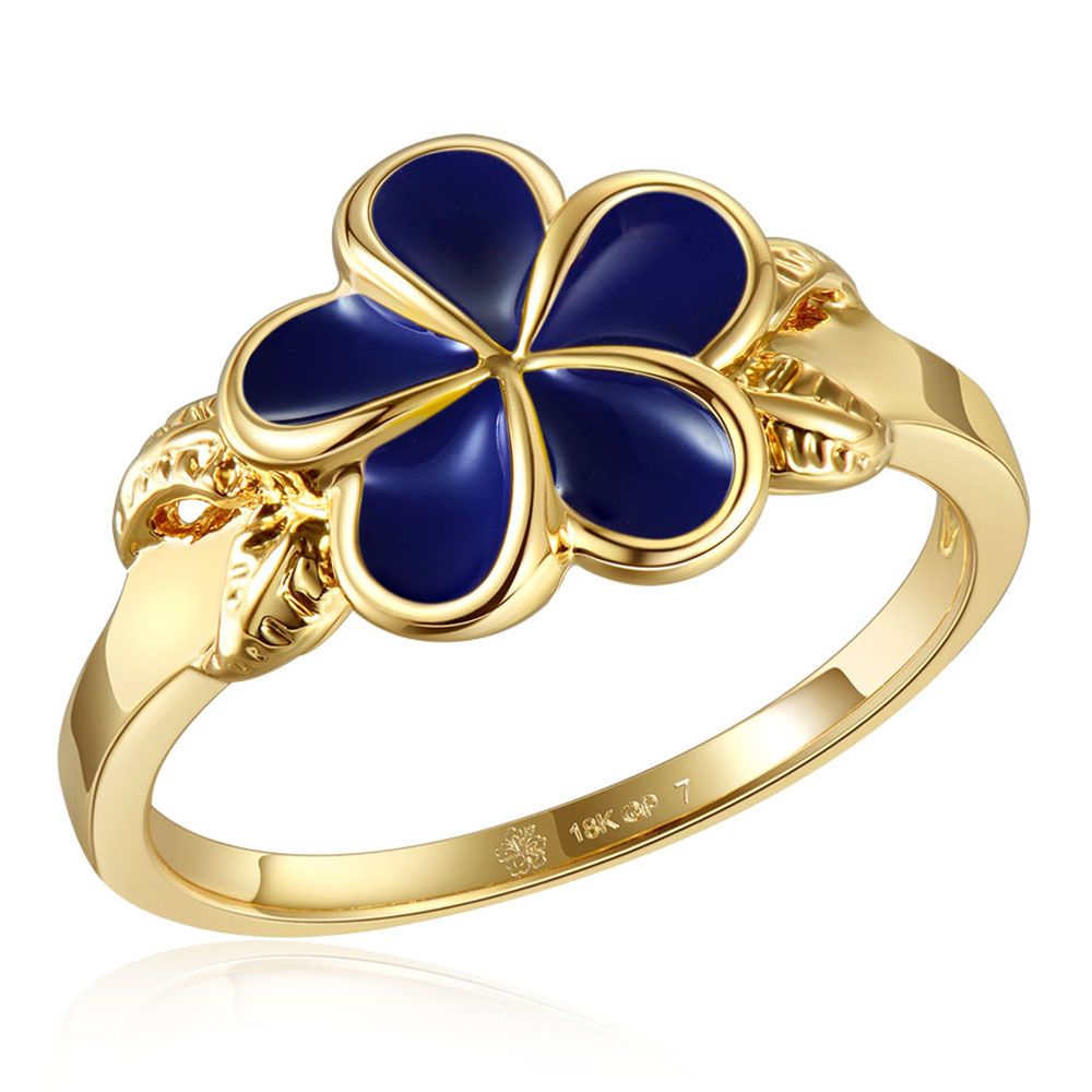 Blue Ginger Enamel Plumeria with Leaf Gold Ring