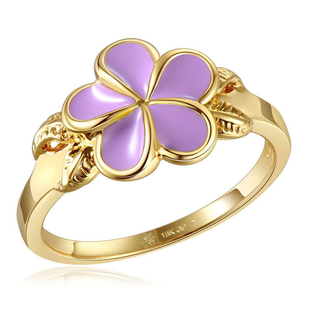 Lavender Blush Enamel Plumeria with Leaf Gold Ring