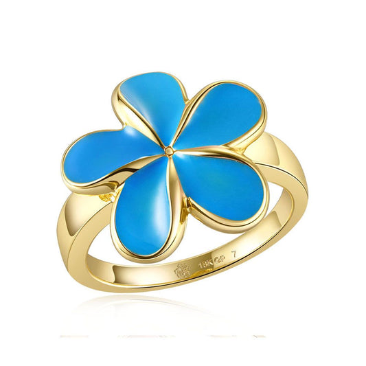 Sea Blue Enamel Plumeria Gold Ring