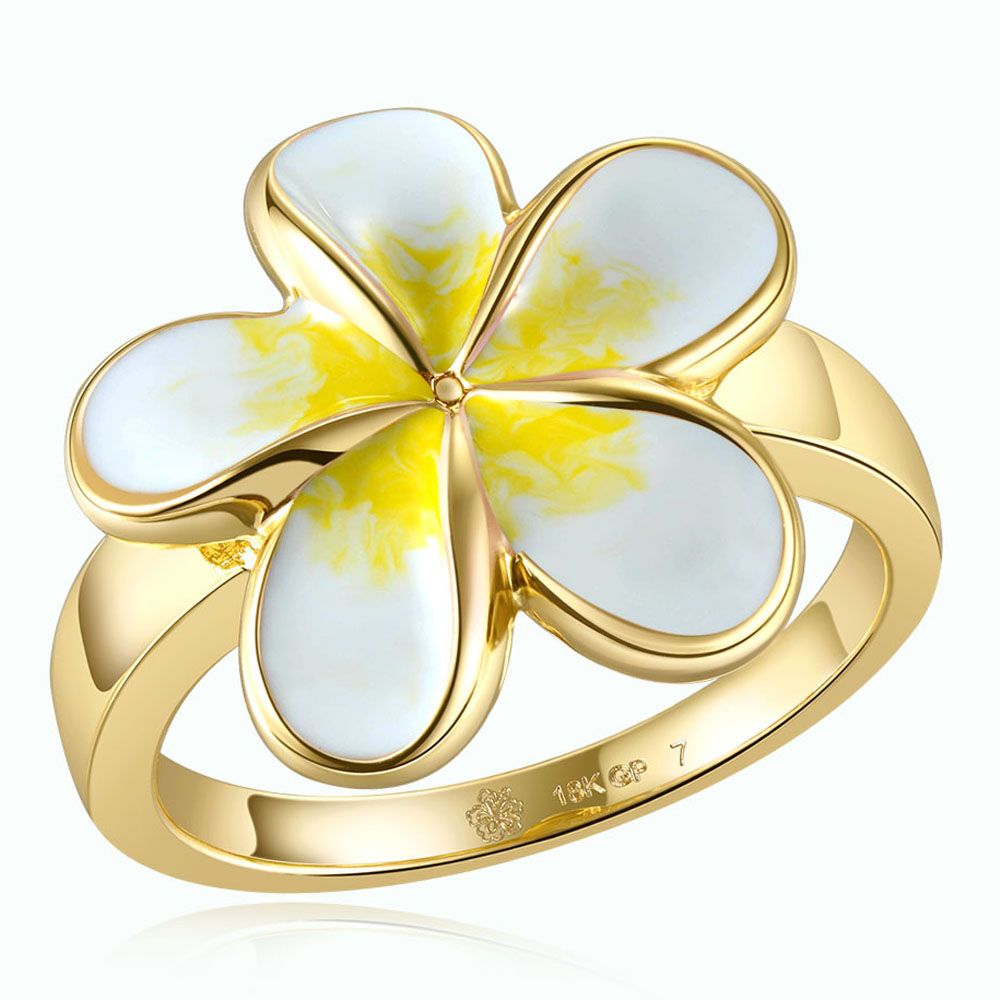 White Enamel Plumeria Gold Ring