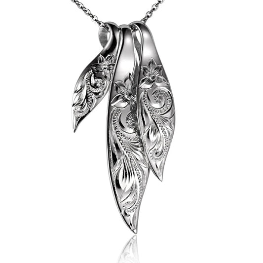 The picture is a sterling silver 3-in-1 leave pendant with a plumeria flower scroll engraving.
