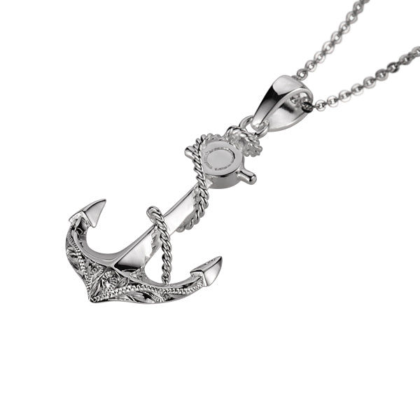 The photo shows a sterling silver rope and anchor pendant.