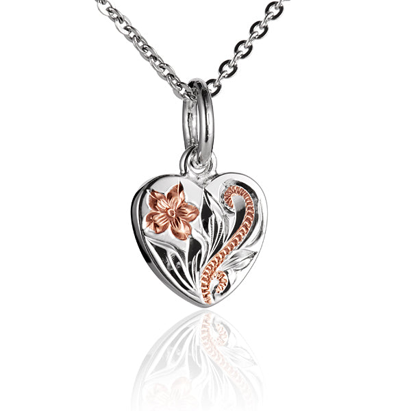 The photo is a two-tone sterling silver white and rose gold vermeil small scroll heart pendant.
