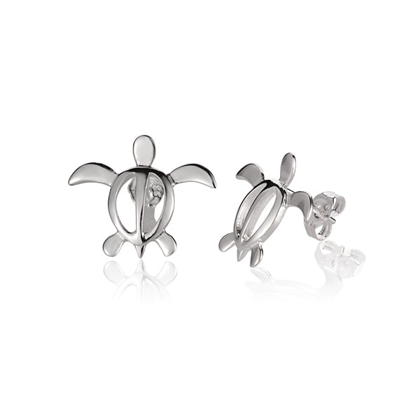 The picture shows a pair of sterling silver sea turtle stud earrings.