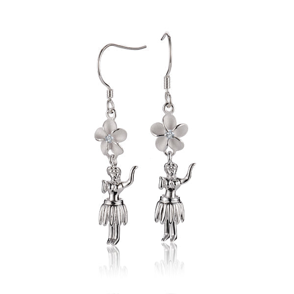The photo shows a pair of sterling silver hula dancers hook earrings featuring a plumeria motif with cubic zirconia.