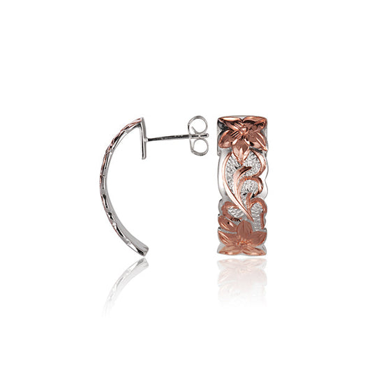 The photo shows a plumeria scroll stud earring with rose gold vermeil details.