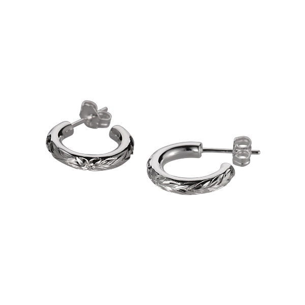 The photo shows a pair of sterling silver semi-hoop earrings with a flower engrave.