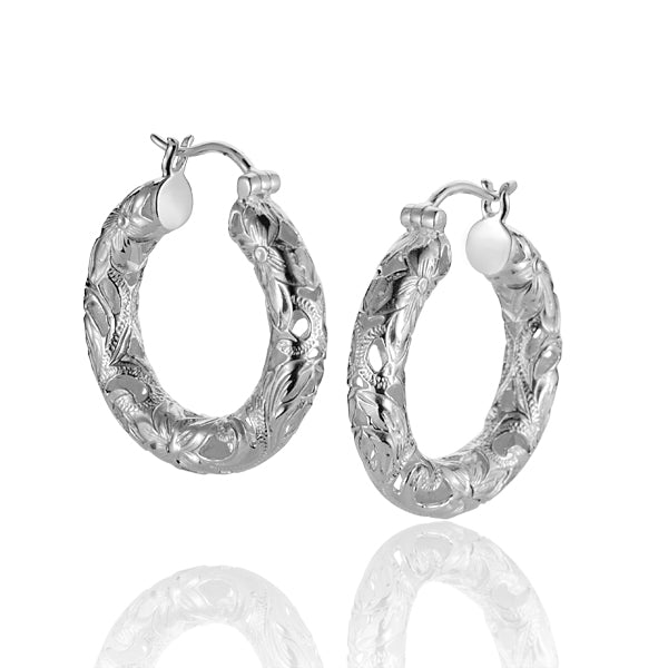The photo show sterling silver scroll hoop earrings.