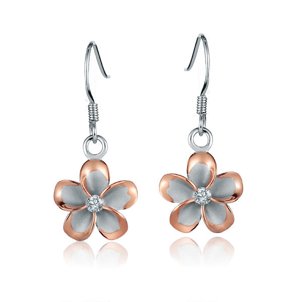 The photo show two-tone rose and white sterling silver rhodium plated plumeria hook earrings with cubic zirconia stones. 