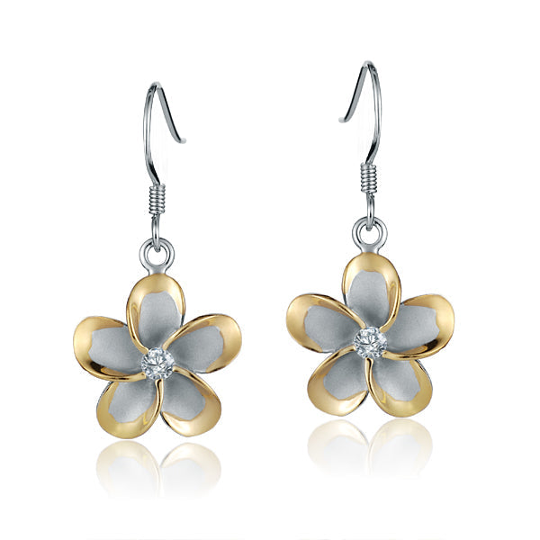 The photo show two-tone yellow and white sterling silver rhodium plated plumeria hook earrings with cubic zirconia stones. 