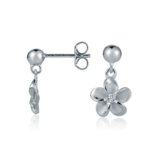 The photo is a pair of white gold vermeil plumeria stud earrings with cubic zirconia.