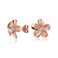 The photo shows a pair of rose gold vermeil flower stud earrings with cubic zirconia gemstones.
