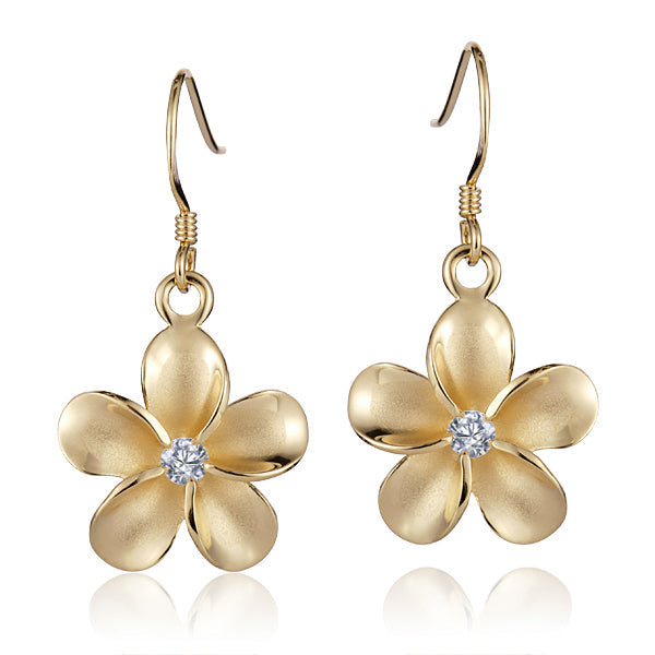 The picture shows a pair of yellow gold vermeil flower hook earrings with cubic zirconia.