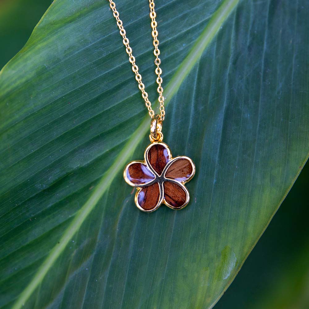 14K gold vermeil and Koa wood plumeria pendant. 