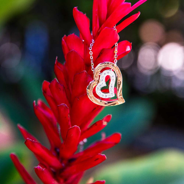 two-tone rose gold always in my heart pendant features a heart lined with diamonds inside a rose gold heart