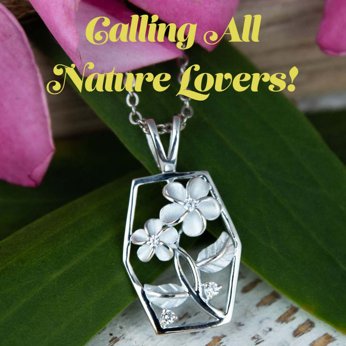 Calling All Nature Lovers featuring window to nature pendant with two plumeria flowers and sustainable eco-gem cubic zirconia