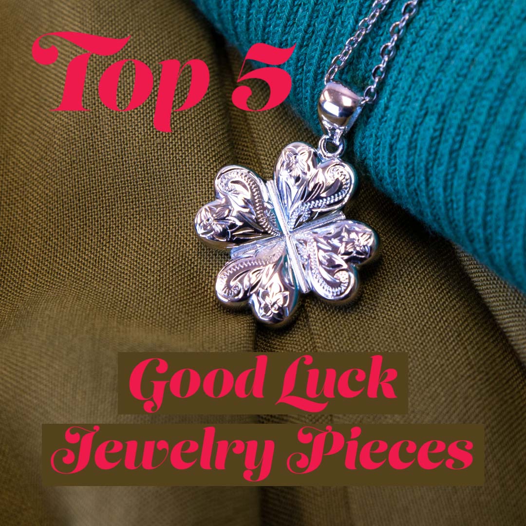 Top 5 Good Luck Jewelry Pieces blog featuring the engraved lucky clover pendant