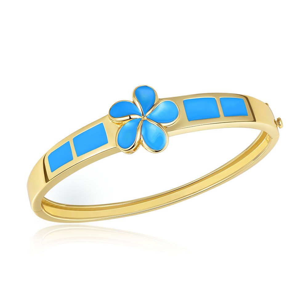 Sea Blue Enamel Plumeria Bangle in Gold