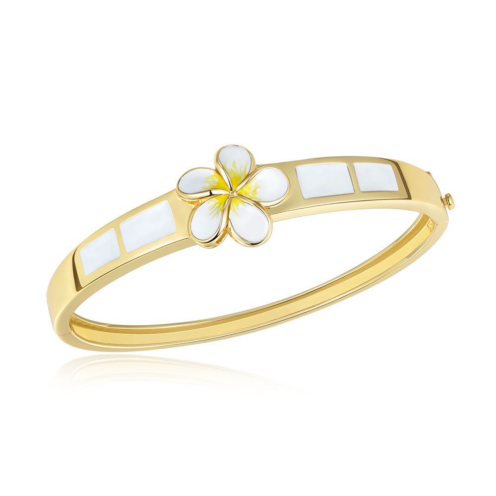 White Enamel Plumeria Bangle in Gold