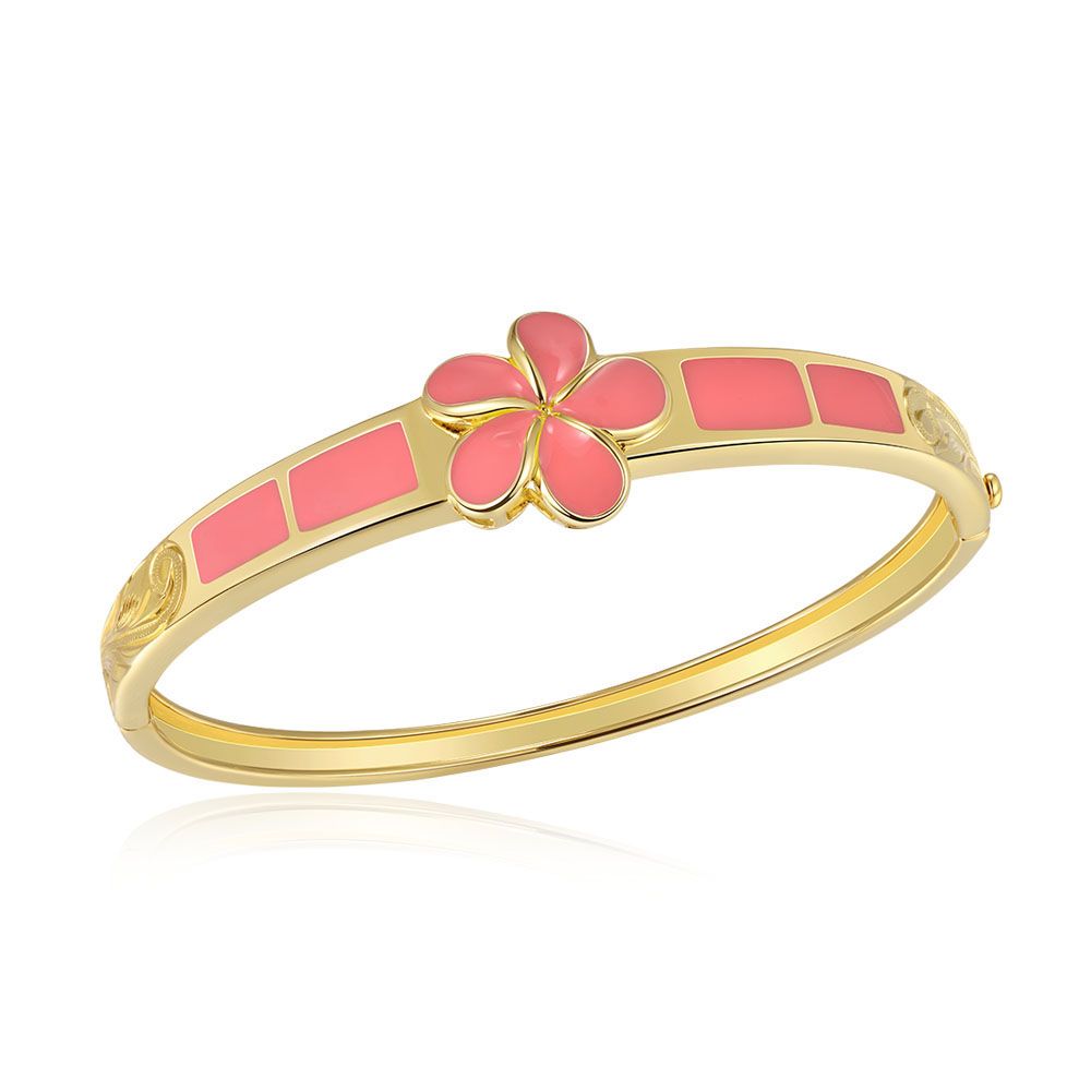 Coral Enamel Plumeria Bangle in Gold w/ Scroll Engraving