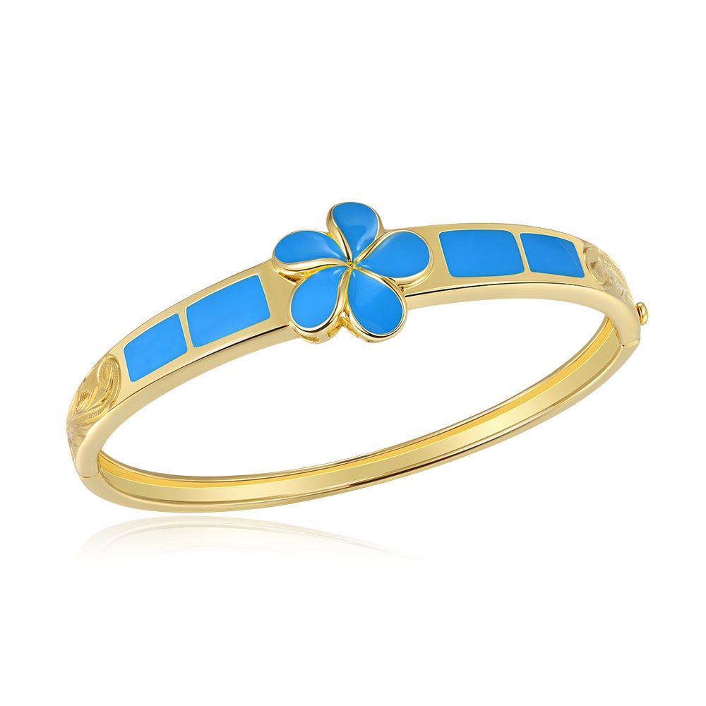 Sea Blue Enamel Plumeria Bangle in Gold w/ Scroll Engraving