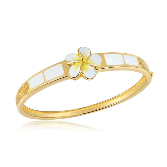 White Enamel Plumeria Bangle in Gold w/ Scroll Engraving