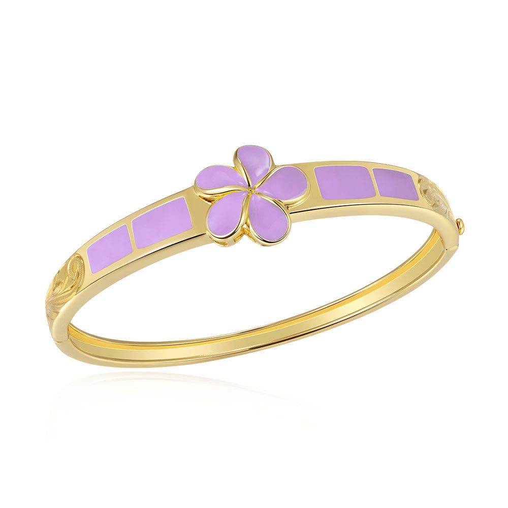 Lavender Blush Enamel Plumeria Bangle w/ Scroll Engraving