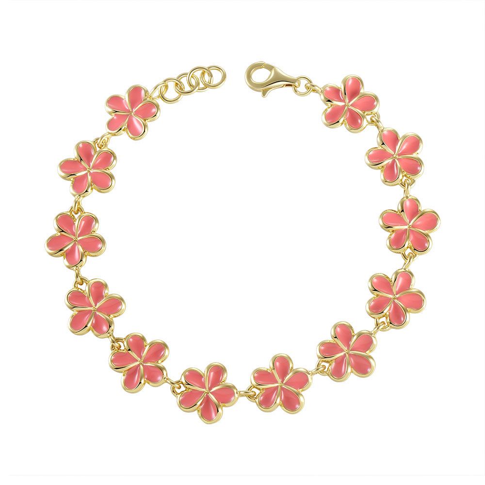 Coral Enamel Plumeria Flower Link Bracelet in Gold