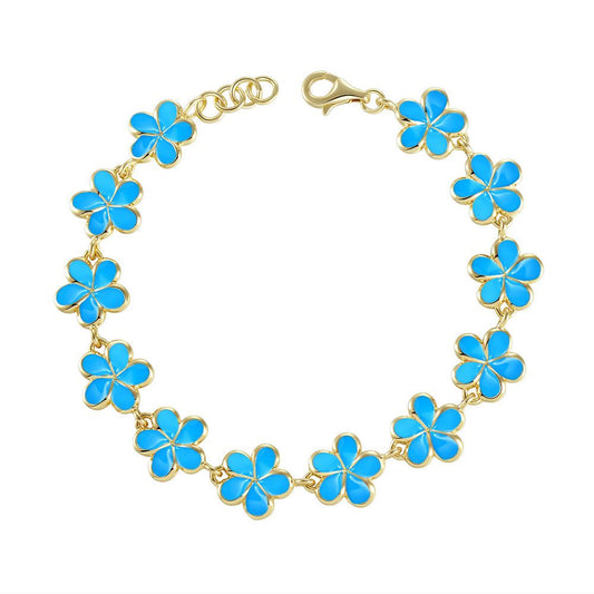 Sea Blue Enamel Plumeria Link Bracelet in Gold